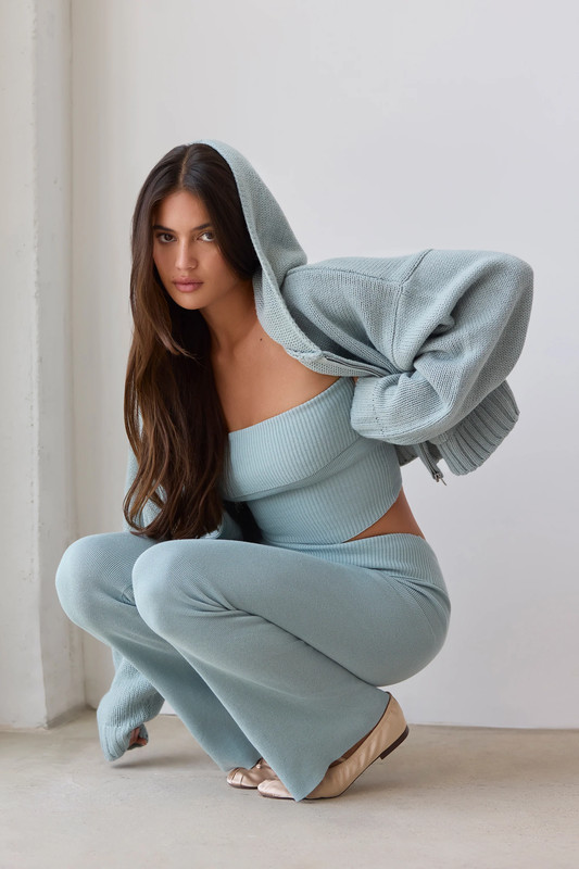 Petite Fold Over Kick Flare Chunky Knit Trousers in Dusty Teal - UK Size:L